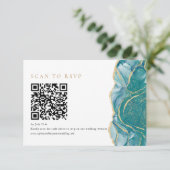 Turfblauw Gouden Agate Moderne Trouw QR Code RSVP Kaartje (Staand voorkant)