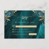 Turfblauw Gouden Bloem Agate Script Trouw RSVP Informatiekaartje (Voorkant)