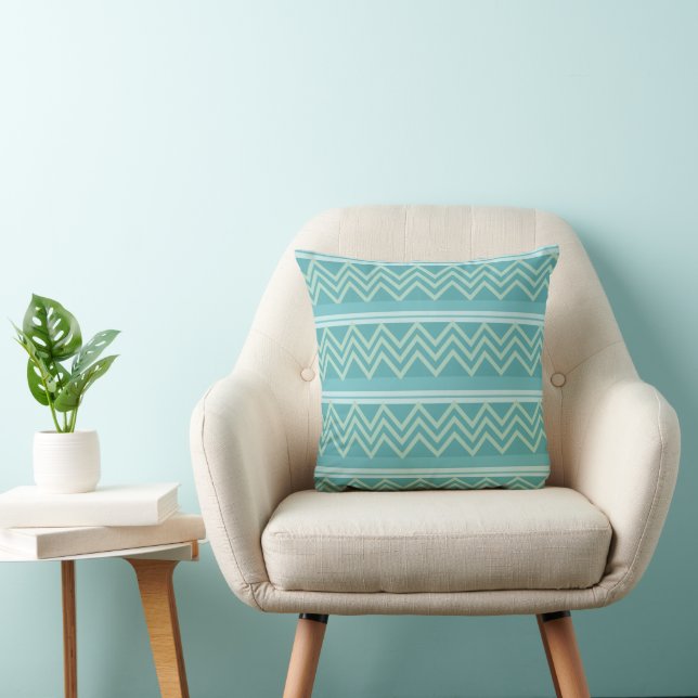Turfblauw Groen Geometrische Chevron Kussen (Stoel)