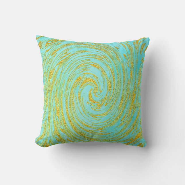 Turfblauw Groen Wervelend Abstract Goud Glitter Buitenkussen (Voorkant)