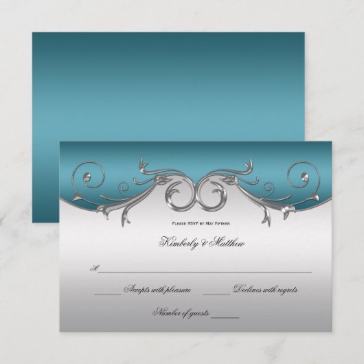 Turfblauw met Sierlijke Zilveren Krullen RSVP Kaart (Voorkant / Achterkant)