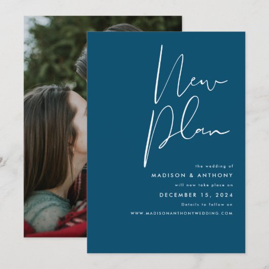 Turfblauw Minimalistisch Foto Nieuw Trouwplan Aankondiging (Voorkant / Achterkant)