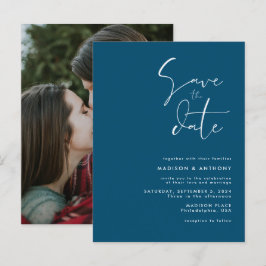 Turfblauw Minimalistisch Save the Date Trouwfoto Uitnodiging Briefkaart