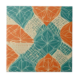 Turfblauw, Oranje en Taanjebruine Abstracte Bloeme Tegeltje