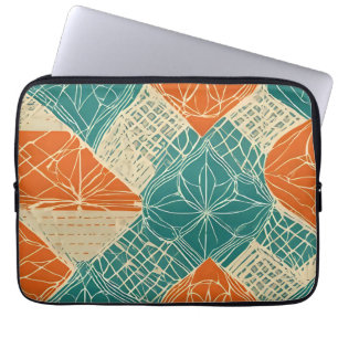 Turfblauw, Oranje en Taanjige Abstracte Bloemen Laptop Sleeve
