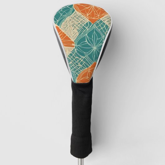 Turfblauw, Oranje en Tannige Abstracte Bloemen Golfheadcover (Voorkant)