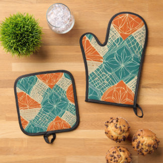 Turfblauw, Oranje en Tannige Abstracte Bloemen Ovenwant & Pannenlap Set