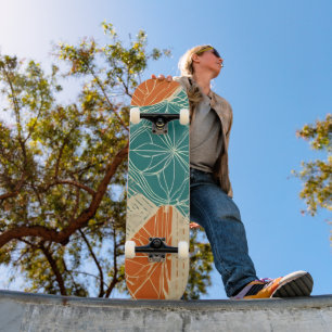 Turfblauw, Oranje en Tannige Abstracte Bloemen  Persoonlijk Skateboard