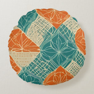 Turfblauw, Oranje en Tannige Abstracte Bloemen Rond Kussen