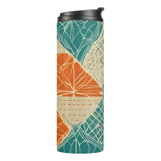 Turfblauw, Oranje en Tannige Abstracte Bloemen Thermosbeker (Gedraaid links)