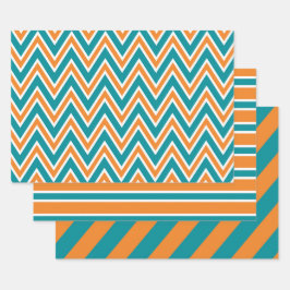 Turfblauw, Oranje en Wit Chevron & Streep Patronen Inpakpapier Vel