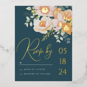 Turfblauw oranje Lente Perzik Bloem Bruiloft RSVP Folie Feestdagen Briefkaart