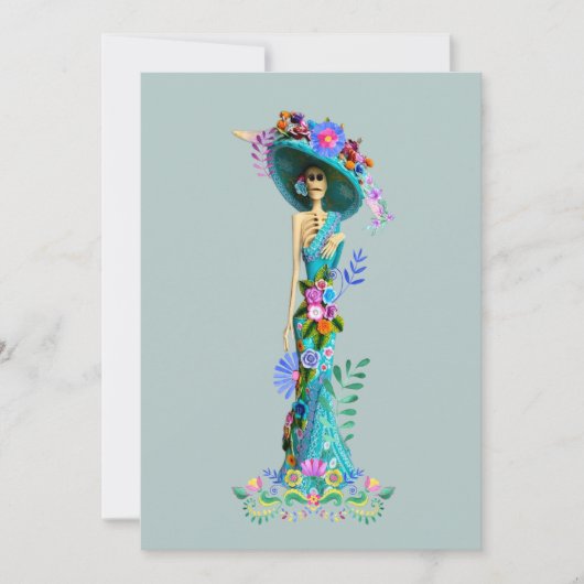 Turfblauw & Roze Dag van de Doden Elegante Catrina Feestdagenkaart (Voorkant)