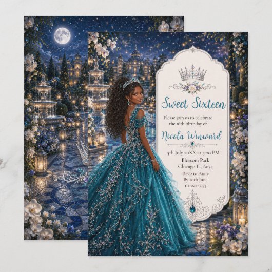 Turfblauw Sweet 16 Prinsessenbal Kaart (Voorkant / Achterkant)