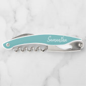 Turfblauw Turquoise Wit Modern Script Naam Kurkentrekker (Achterkant)