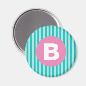 Turfblauw Verticaal Gestreept Roze Cirkel Monogram Magneet (Voorkant / Achterkant)