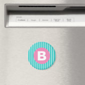 Turfblauw Verticaal Gestreept Roze Cirkel Monogram Magneet (Insitu (Vaatwasser))