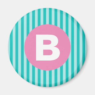 Turfblauw Verticaal Gestreept Roze Cirkel Monogram Magneet