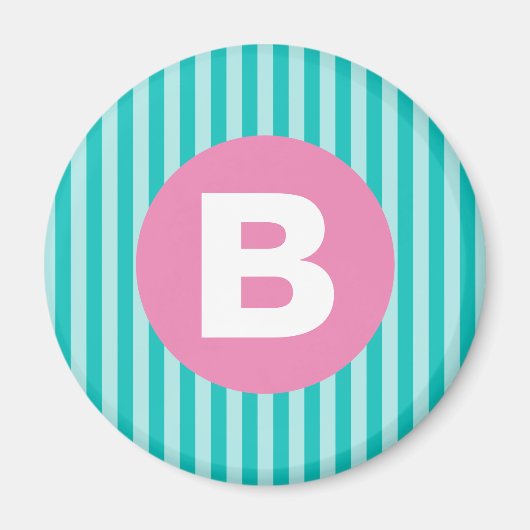 Turfblauw Verticaal Gestreept Roze Cirkel Monogram Magneet (Voorkant)