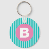 Turfblauw Verticaal Gestreept Roze Cirkel Monogram Sleutelhanger (Voorkant)