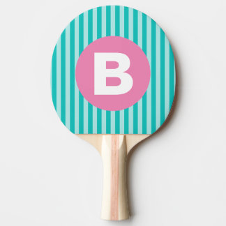 Turfblauw Verticaal Gestreept Roze Cirkel Monogram Tafeltennisbatje