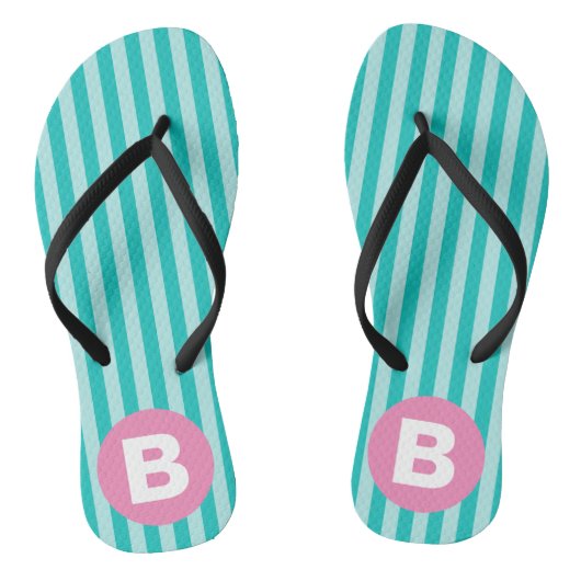 Turfblauw Verticaal Gestreept Roze Cirkel Monogram Teenslippers (Voetbed)