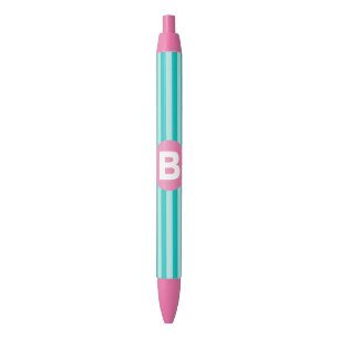 Turfblauw Verticaal Gestreept Roze Cirkel Monogram Zwarte Inkt Pen