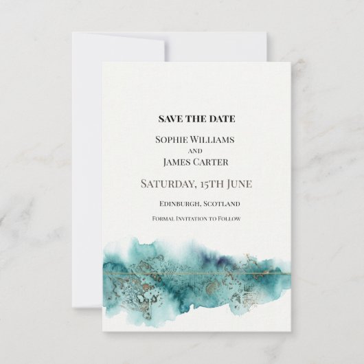 Turfblauw Waterverf Bruiloft Save The Date (Voorkant)