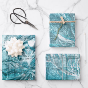 Turfblauw Witte Bloem Motief Glitter Glans  Inpakpapier Vel