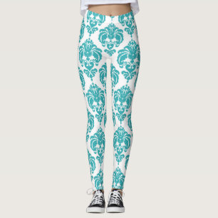 Turfblauw & Witte Damast Chic Moderne Elegante Pat Leggings