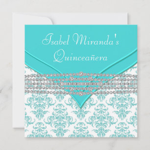 Turfblauw Witte Damast Diamant Quinceanera Kaart