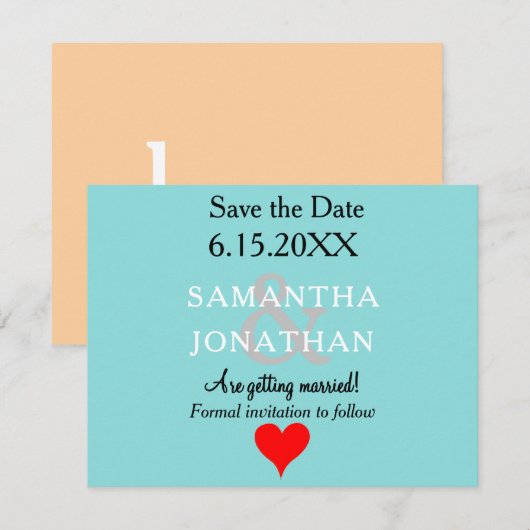 Turfblauw Zandstrand Trouw Rood Hart Save The Date (Voorkant / Achterkant)