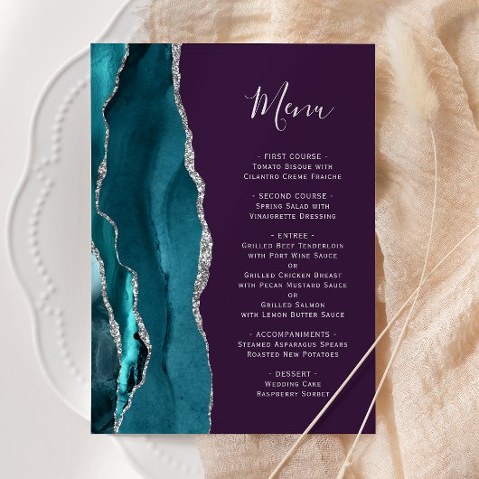 Turfblauw Zilver Agate Paarse Huwelijk Menu