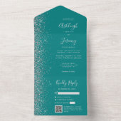 Turfblauw Zilver Glitter QR Code Huwelijk All In One Uitnodiging (Binnen)