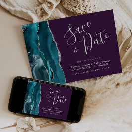 Turfblauw Zilveren Agaten Paarse Save the Date Kaa Kaart