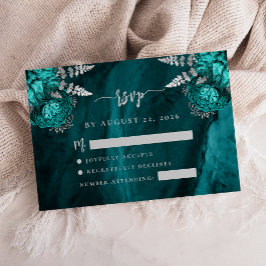 Turfblauw Zilveren Bloem Agate Script Trouw RSVP Informatiekaartje