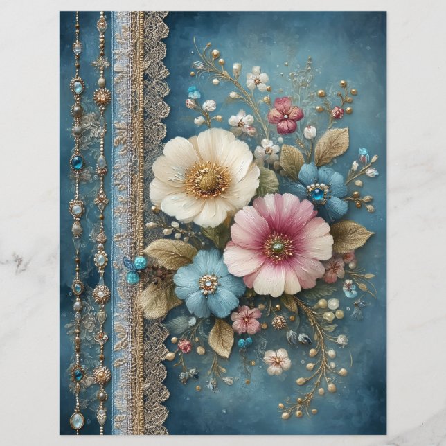 Turfblauwe Bloemen Junk Journal Scrapbook Papier (Voorkant)