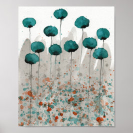 Turfblauwe en grijze klaprozen, waterverf bloemen  poster