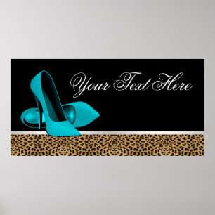Turfblauwe Hoge Hak Schoenen Luipaard Feest Banner Poster