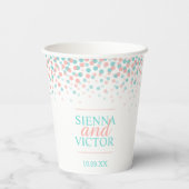 Turfblauwe koraalconfetti bruiloft eigen naam papi papieren bekers (Achterkant)