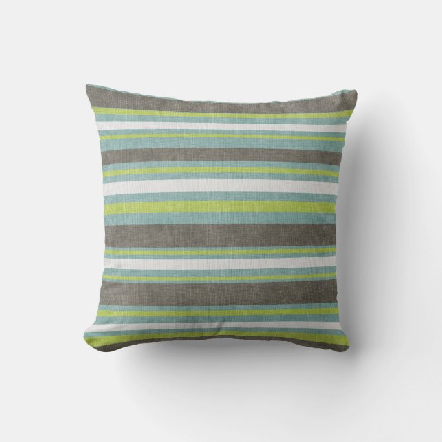 Turfgrijs Blauw Groen Strepen Kussen (Voorkant)