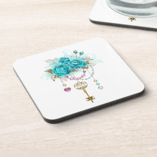 Turfroze rozen met sleutels bier onderzetter (Linkerzijde)