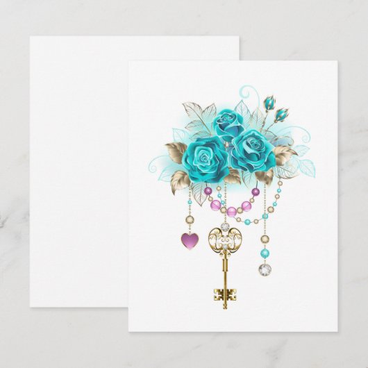 Turfroze rozen met sleutels notitiekaartje (Voorkant / Achterkant)