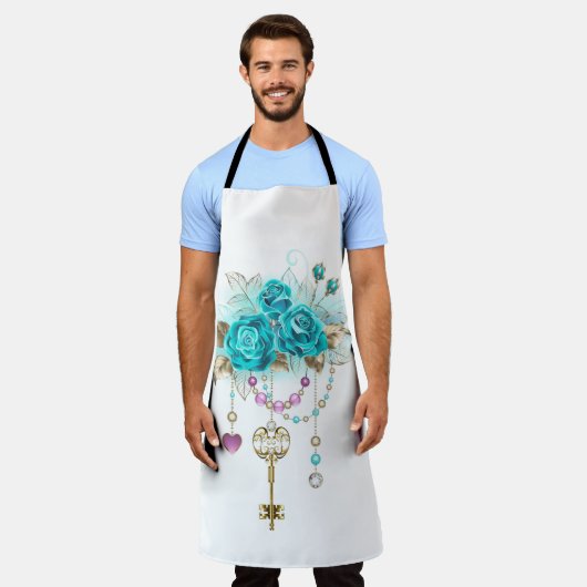 Turfroze rozen met sleutels schort (Gedragen)