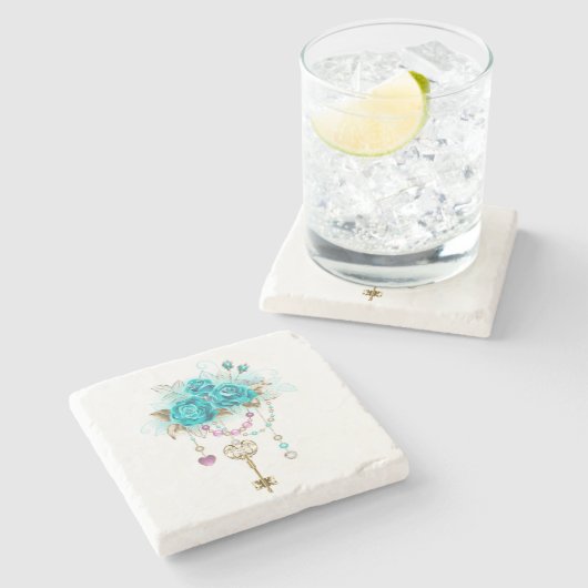 Turfrozen Rozen met Sleutels Stenen Onderzetter (Zijkant)