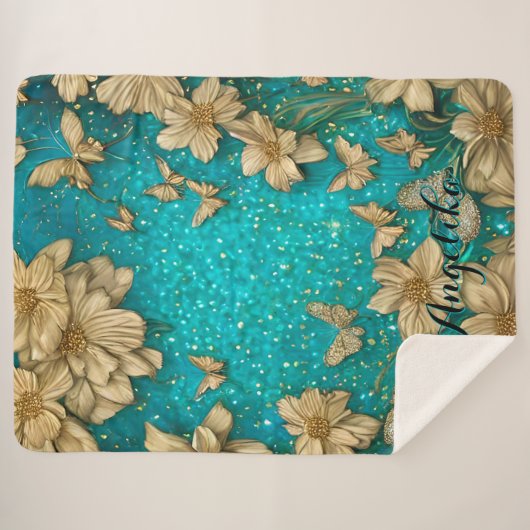Turfvlinder Nep Goud Glitter Aangepaste Naam Sherpa Deken (Voorkant (horizontaal))