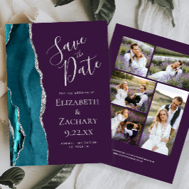 Turfzilver agaat paarse 5-foto save the date kaart