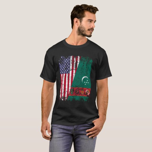 Turk Roots Half Amerikaanse vlag VS Turkistan vlag T-shirt (Voorkant volledig)
