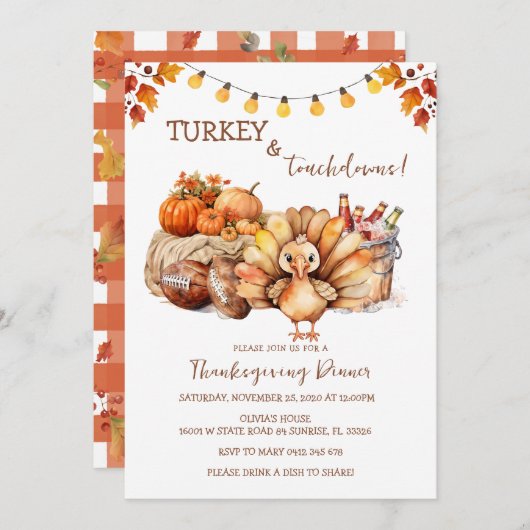 Turkey and Touchdown Thanksgiving Dinner Kaart (Voorkant / Achterkant)
