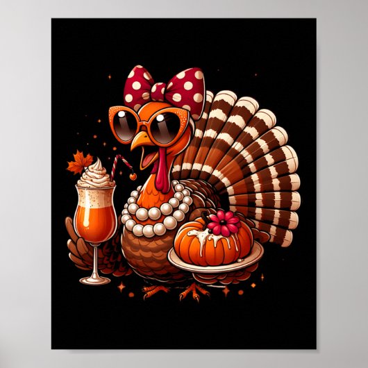 Turkey Drinking Coffee Bow Thanksgiving Womens Tur Poster (Voorkant)
